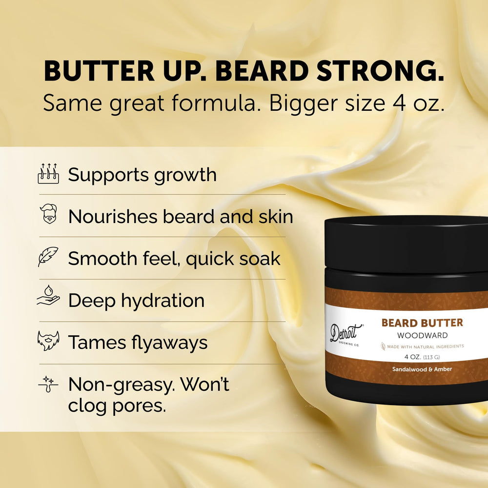 Detroit Grooming Co. Woodward Beard Butter jar closeup reveals rich shea texture for conditioning.