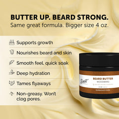 Detroit Grooming Co. Woodward Beard Butter jar closeup reveals rich shea texture for conditioning.