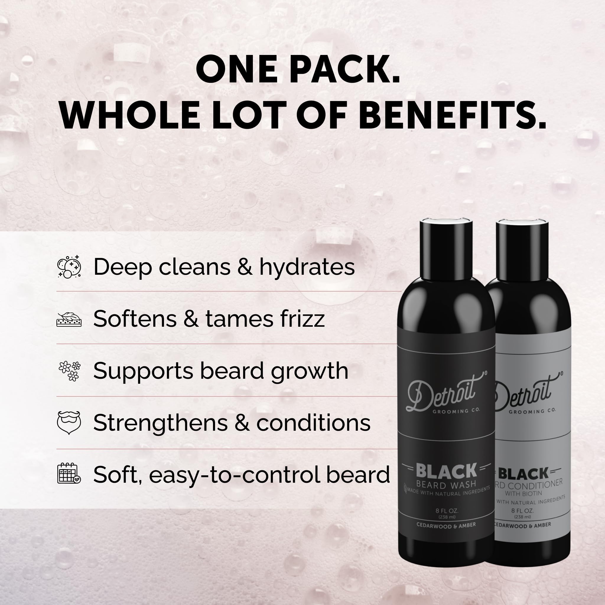 Detroit Grooming Co. beard conditioner bottle close-up highlighting moisturizing formula for smoother beards.