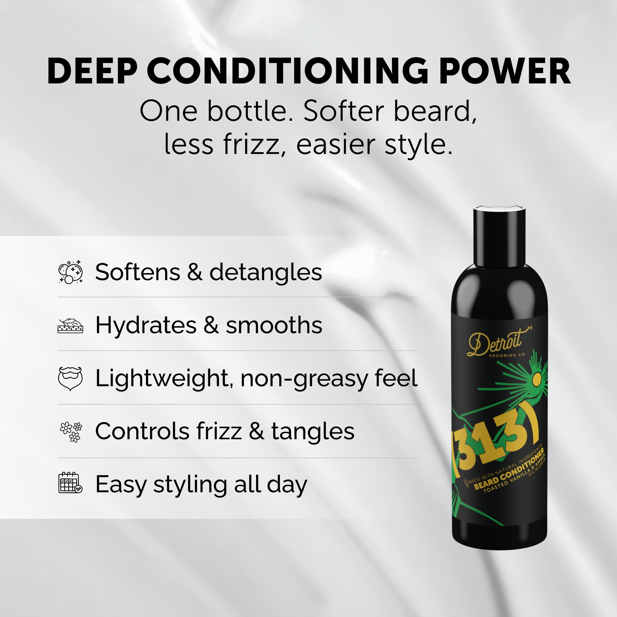 Detroit Grooming Co. beard conditioner closeup featuring aloe vera and apple extract for nourishment.