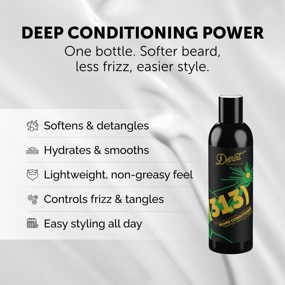 Detroit Grooming Co. beard conditioner closeup featuring aloe vera and apple extract for nourishment.