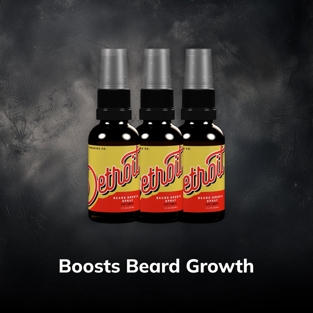 Detroit Grooming Co. spray bottle mist being applied, highlighting fast-absorbing formula for daily beard care.