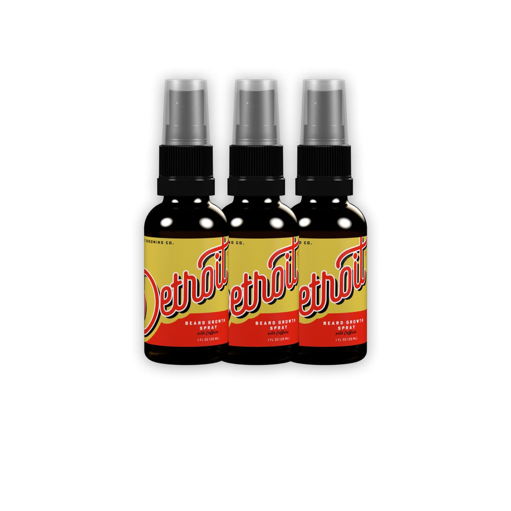 Detroit Grooming Co. Beard Growth Spray bottle showcases a compact 1oz design for on-the-go grooming.