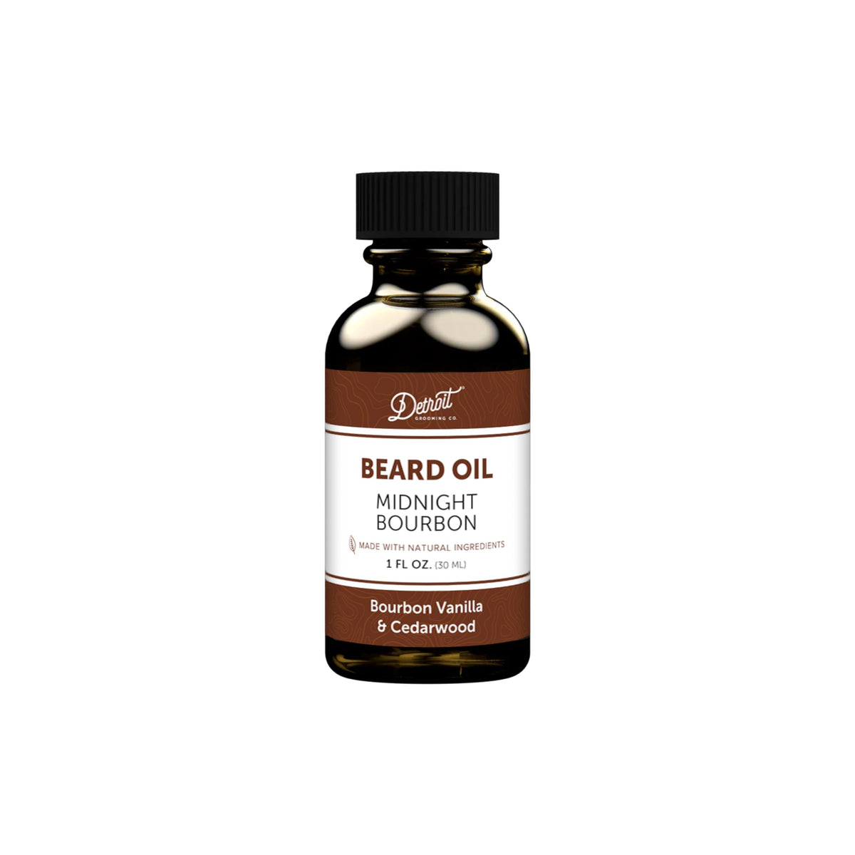 Detroit Grooming Co Midnight Bourbon beard oil bottle showing hydrating formula for a softer beard.