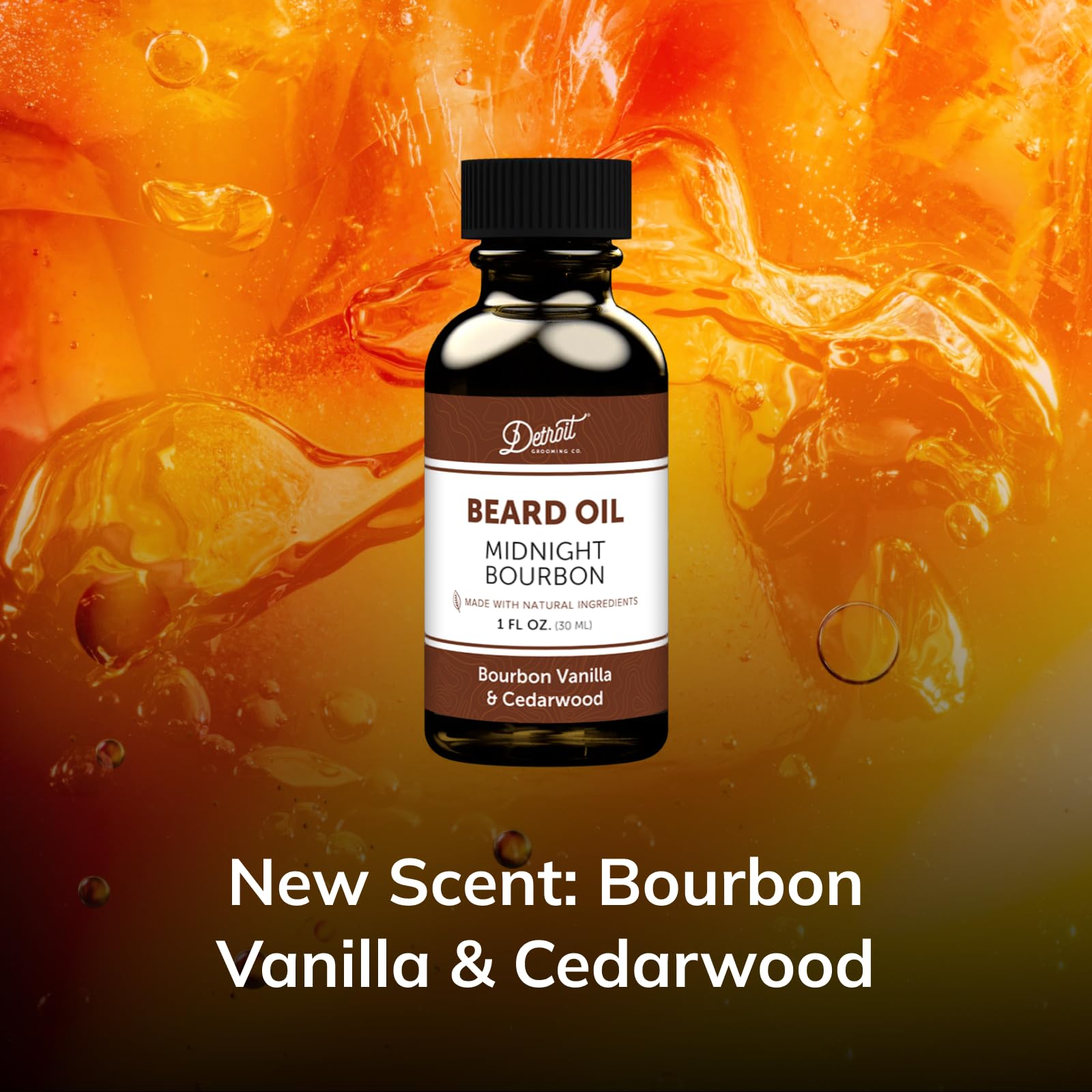 Detroit Grooming Co Midnight Bourbon scent bottle close-up highlighting rich aroma.