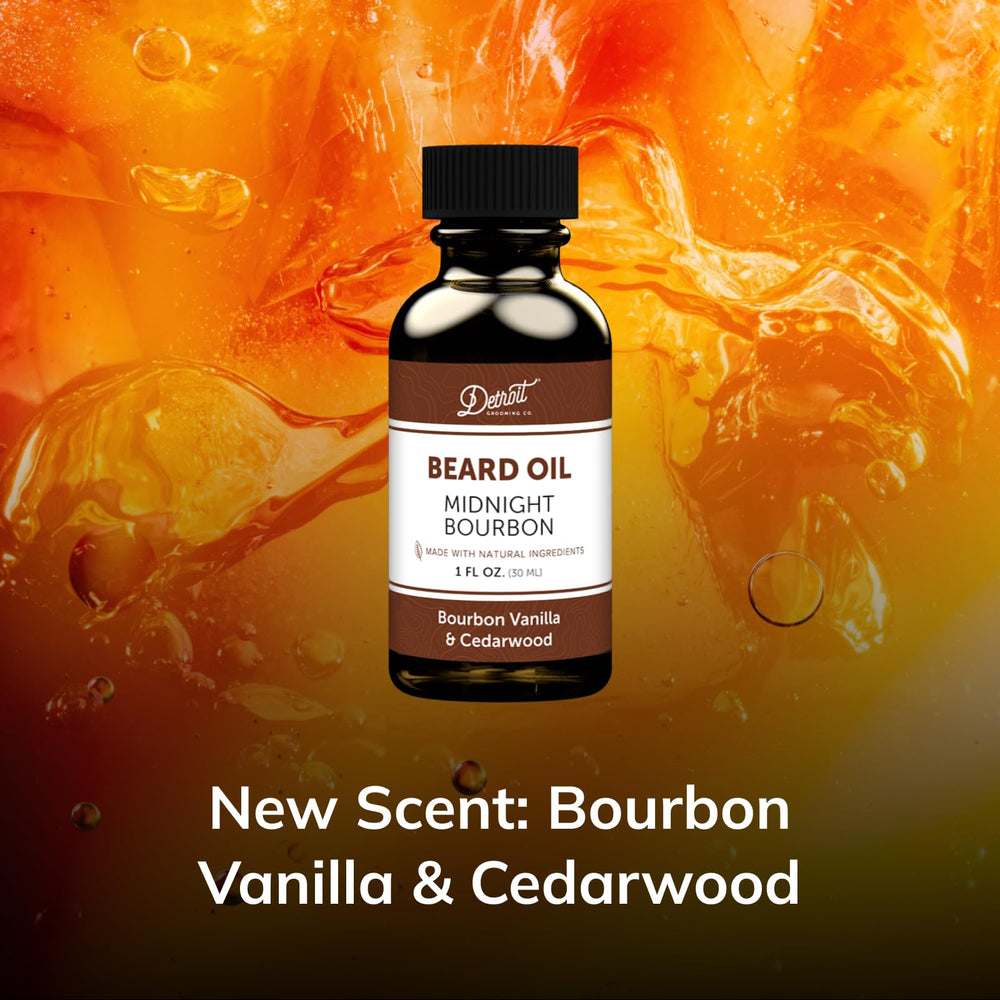 Detroit Grooming Co Midnight Bourbon scent bottle close-up highlighting rich aroma.