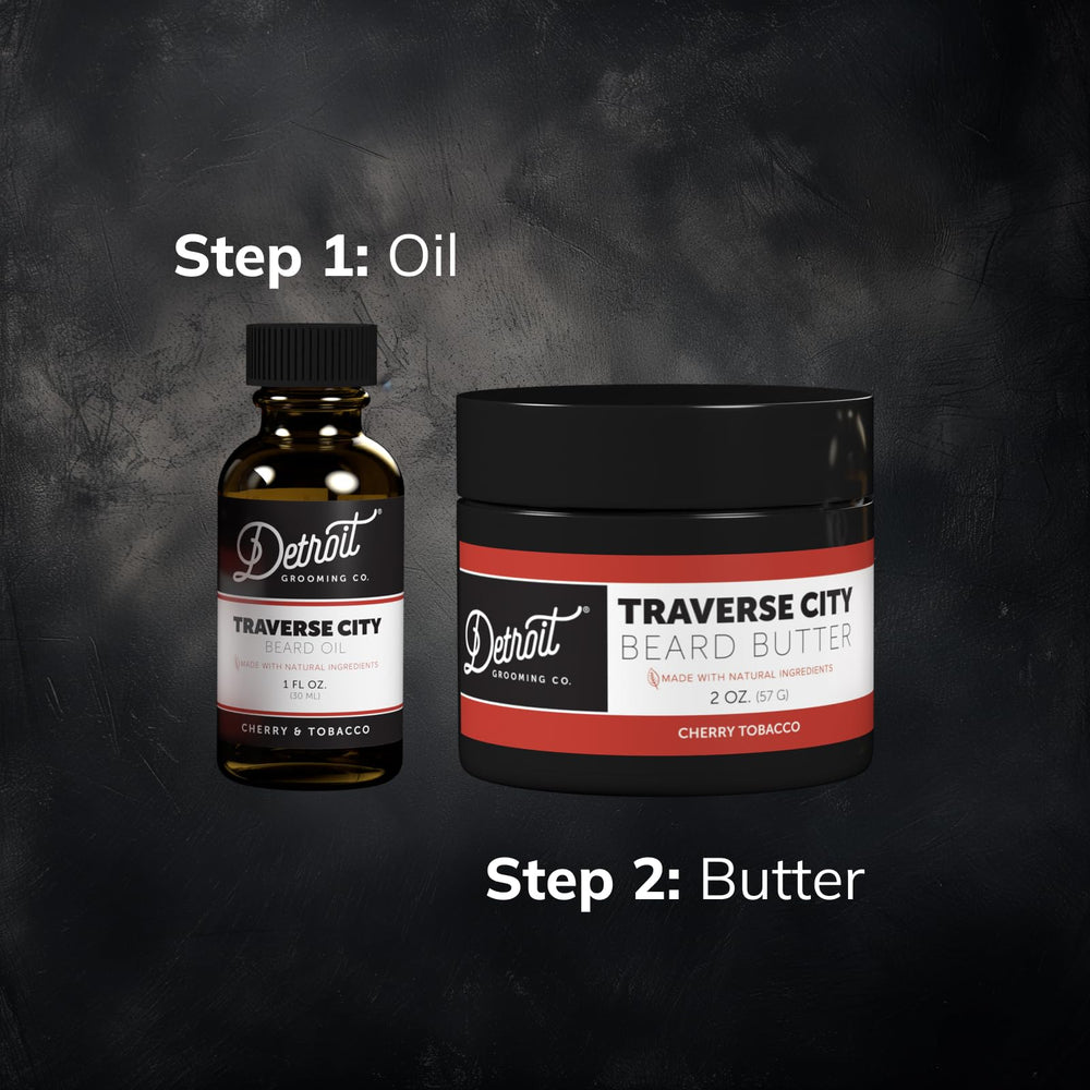 Detroit Grooming Co. Traverse City oil bottle closeup shows premium packaging.