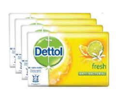 Dettol Fresh bar soap 4x105g pack shown; gentle cleansing for daily use.