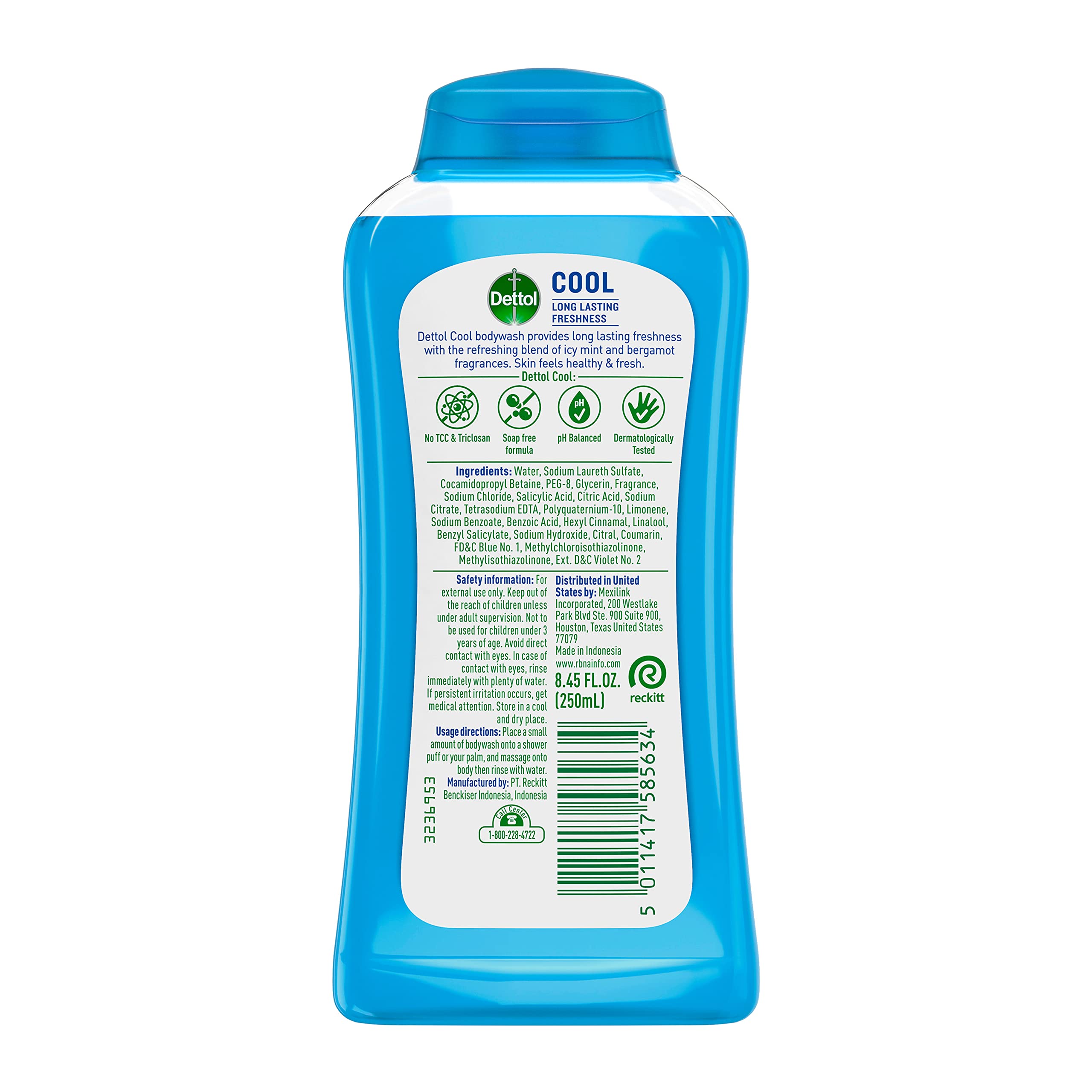 Dettol Cool Body Wash angled label shows dermatological testing claim.