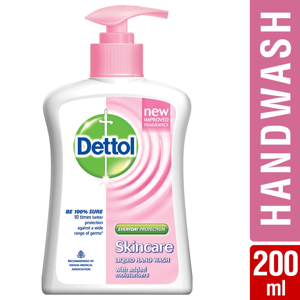 Dettol Hand Wash label close-up highlights preservative-free formula.