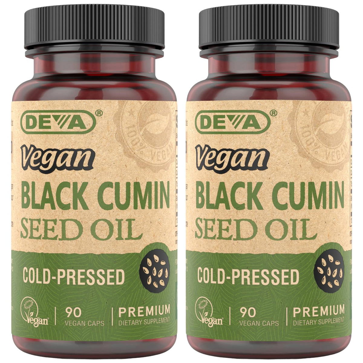 DEVA Black Cumin Seed Oil bottle showing vegan formulation benefits