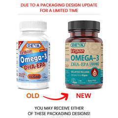 DEVA Omega-3 capsules close-up highlighting delayed-release for reduced aftertaste.
