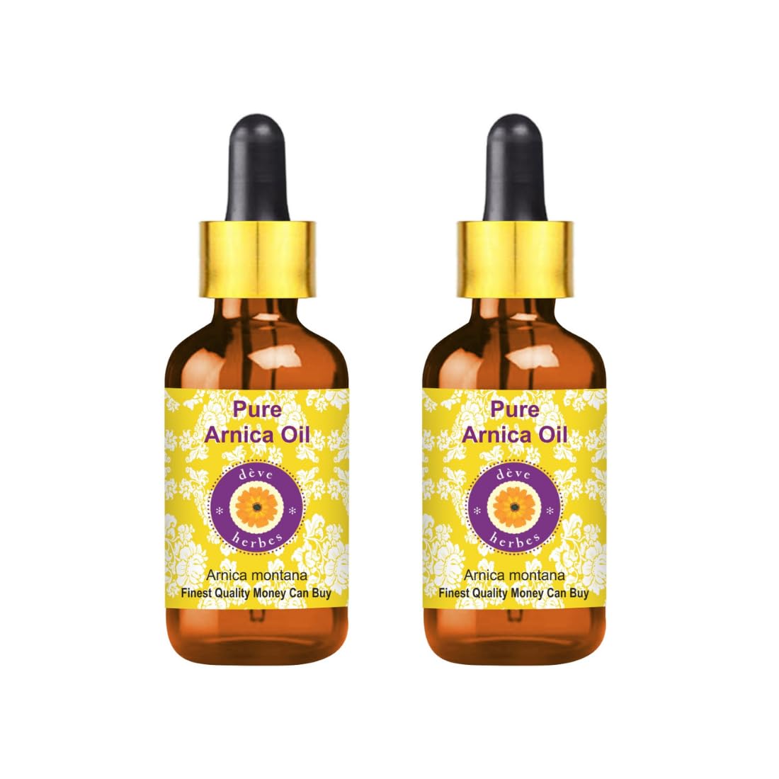 Deve Herbes Arnica Oil in an amber bottle for pure skin nourishment.
