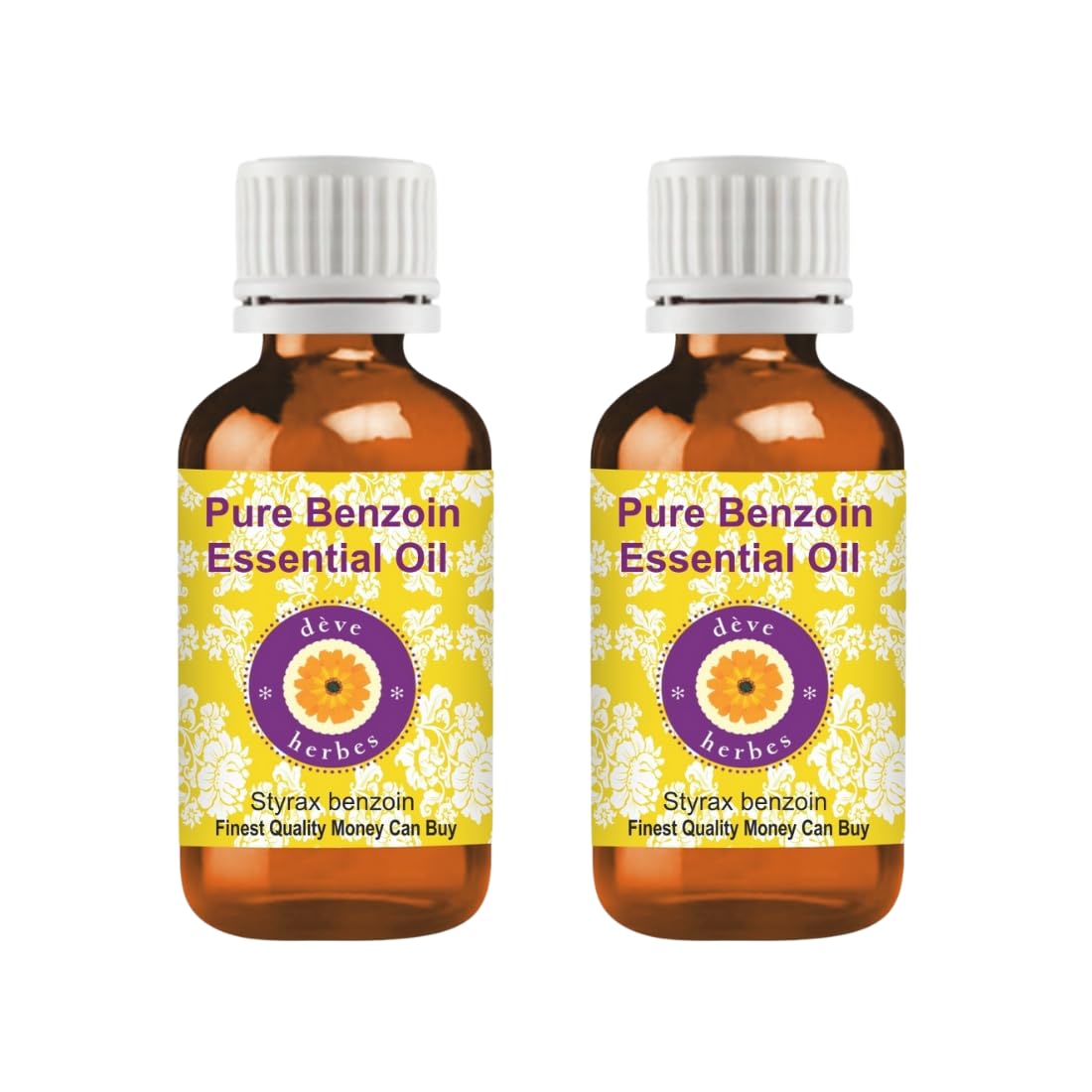 Deve Herbes benzoin essential oil bottle shows rich aroma for daily rituals.