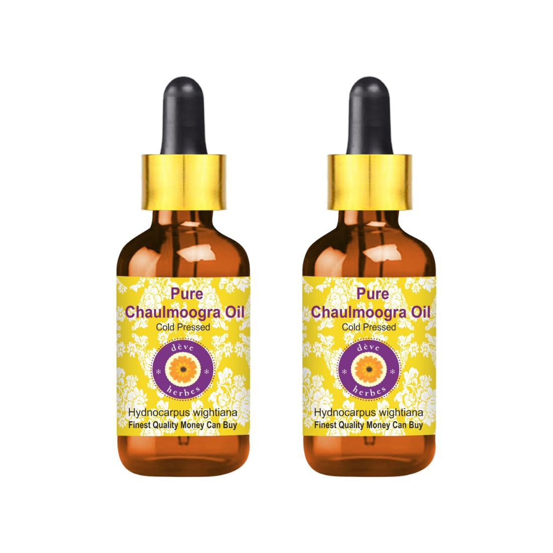 Deve Herbes Chaulmoogra Oil in amber bottle with dropper for precise dilution.