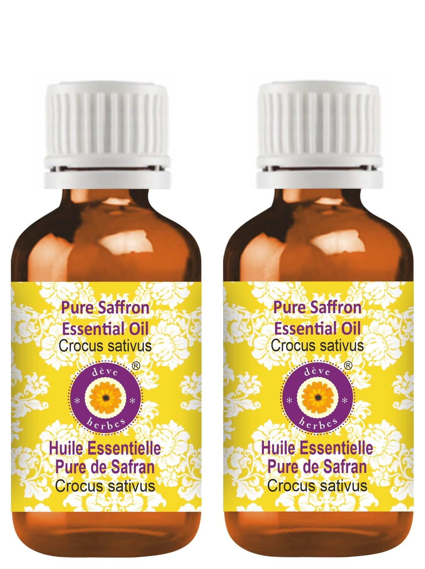 d3eve herbes saffron essential oil bottle showcases pure, lightweight skin and hair care