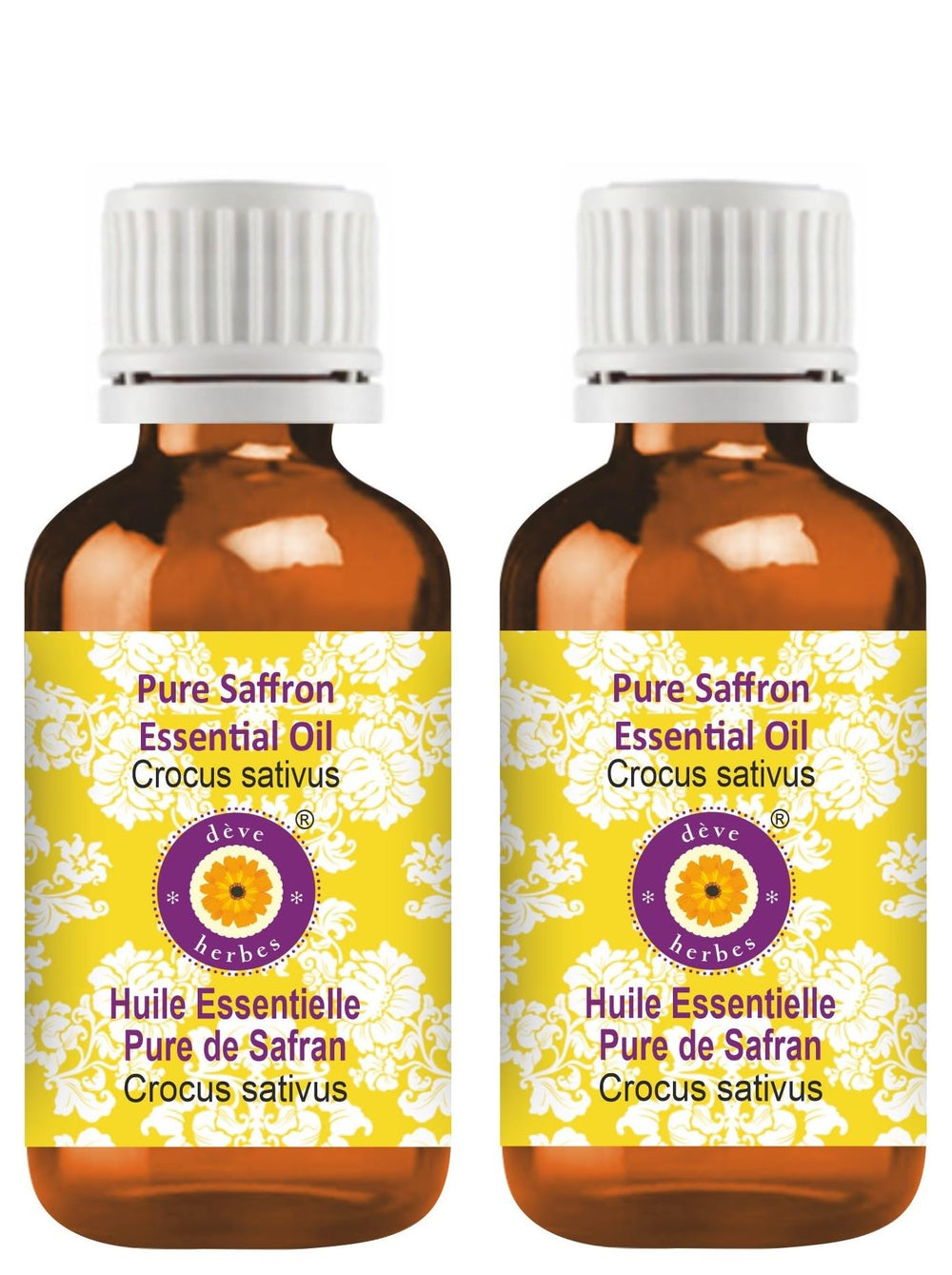 d3eve herbes saffron essential oil bottle showcases pure, lightweight skin and hair care