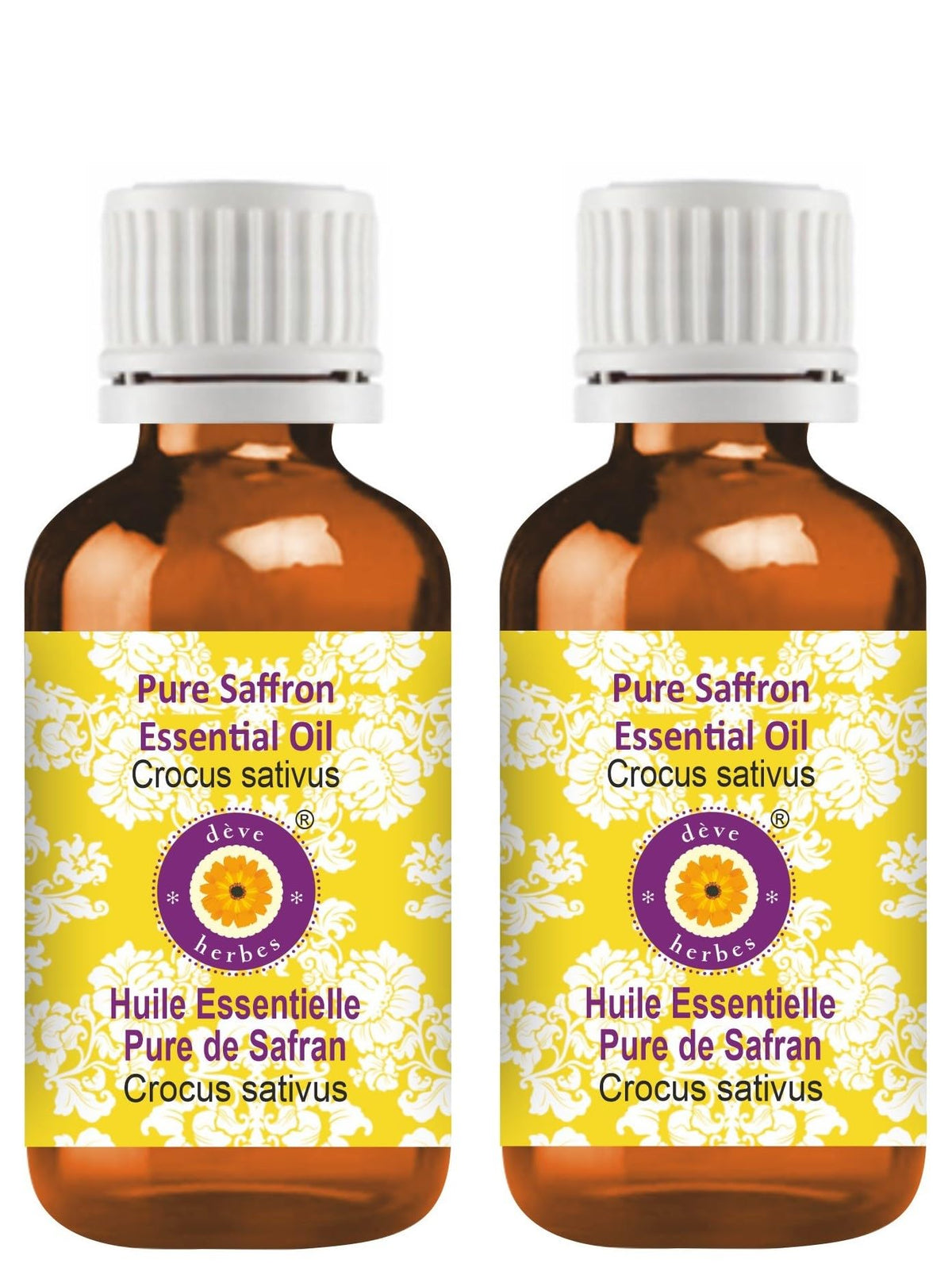 d3eve herbes saffron essential oil bottle showcases pure, lightweight skin and hair care