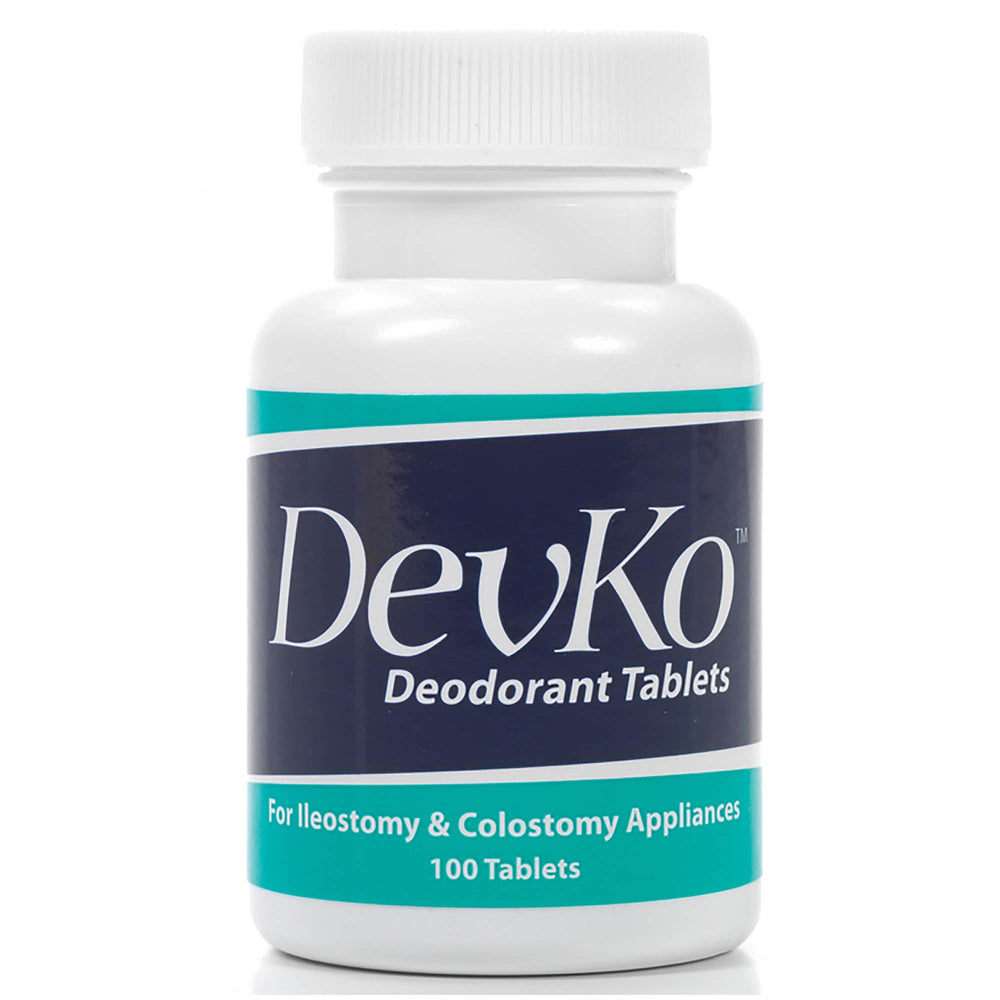 Devko ostomy pouch deodorizer tablets with charcoal formula packaging for odor control.
