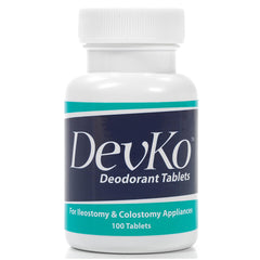 Devko ostomy pouch deodorizer tablets with charcoal formula packaging for odor control.