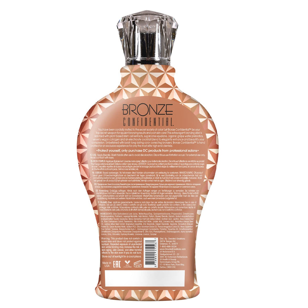 Bronze Confidential label highlights premium bronzer formula for instant long lasting tan.