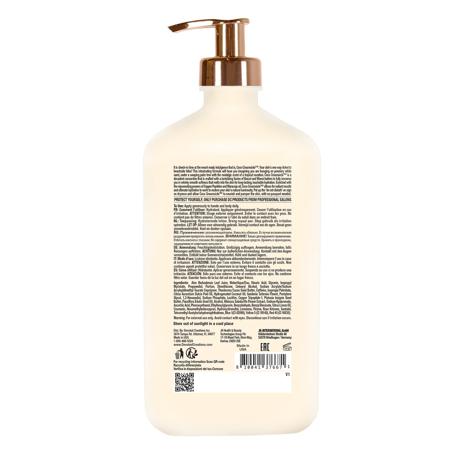 Devoted Creations Coco Creamsicle bottle pour for smooth daily moisturization.