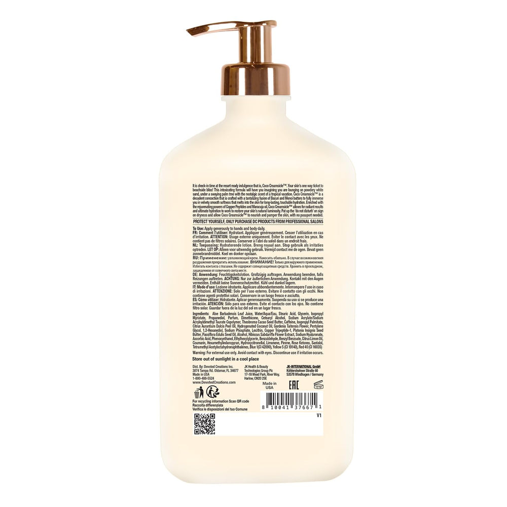 Devoted Creations Coco Creamsicle bottle pour for smooth daily moisturization.
