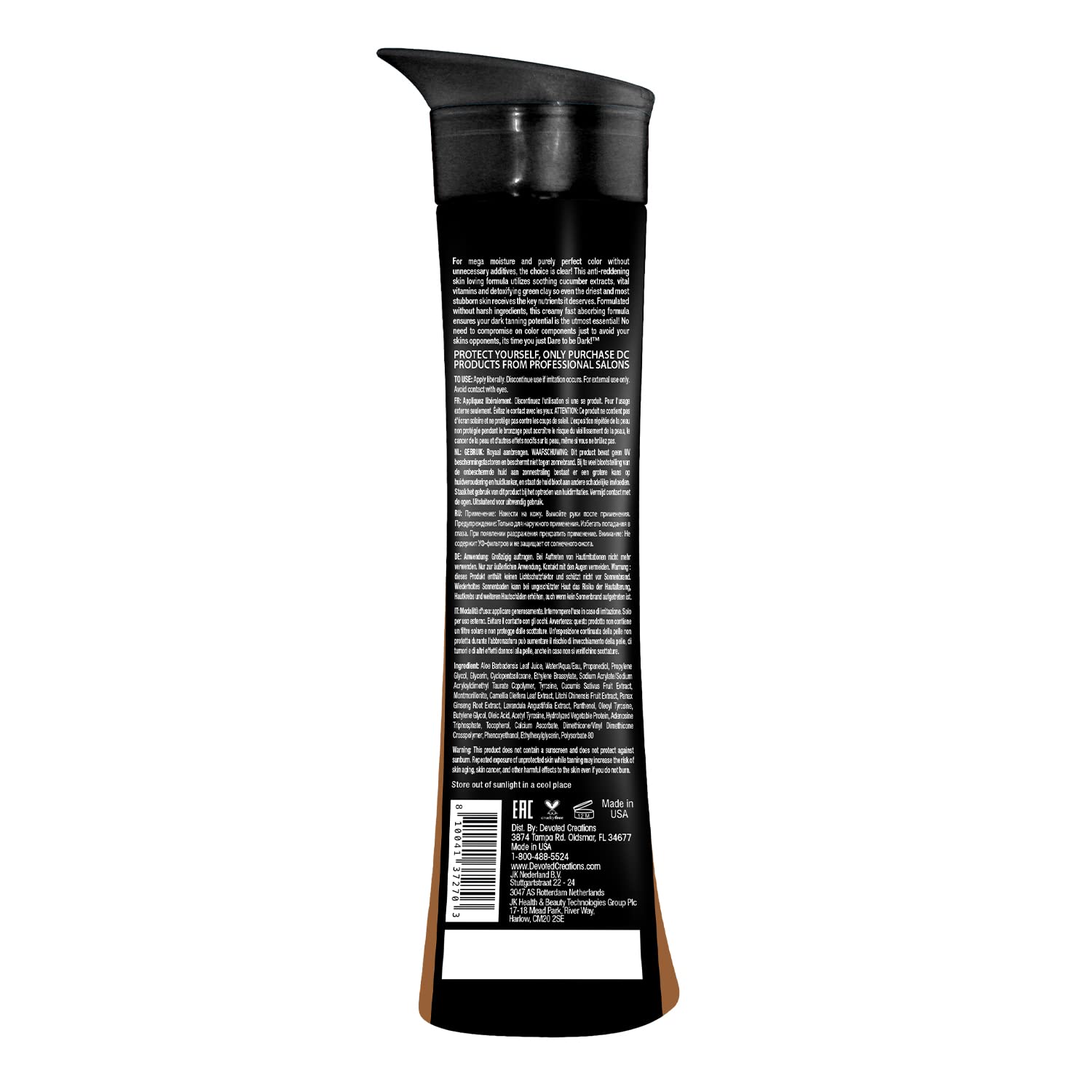 Close-up of the Dare to be Dark bottle back showing vegan and fragrance-free features.