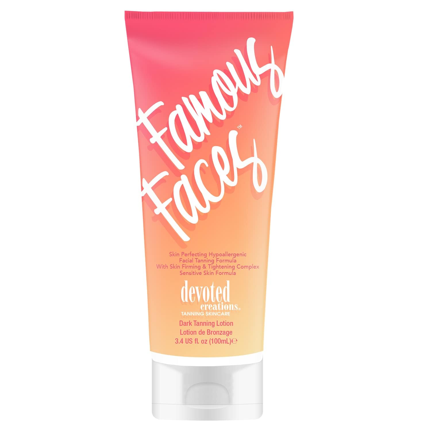 Devoted Creations Famous Faces bottle close-up highlighting hypoallergenic facial tanning for sensitive skin.