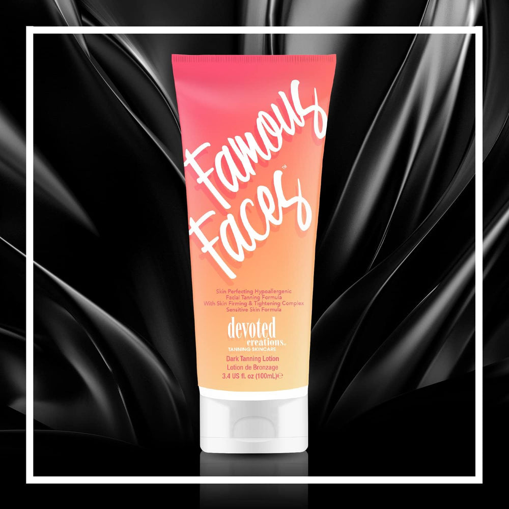 Devoted Creations Famous Faces ingredients label featuring Matrixyl and Vitamin A for skin health.