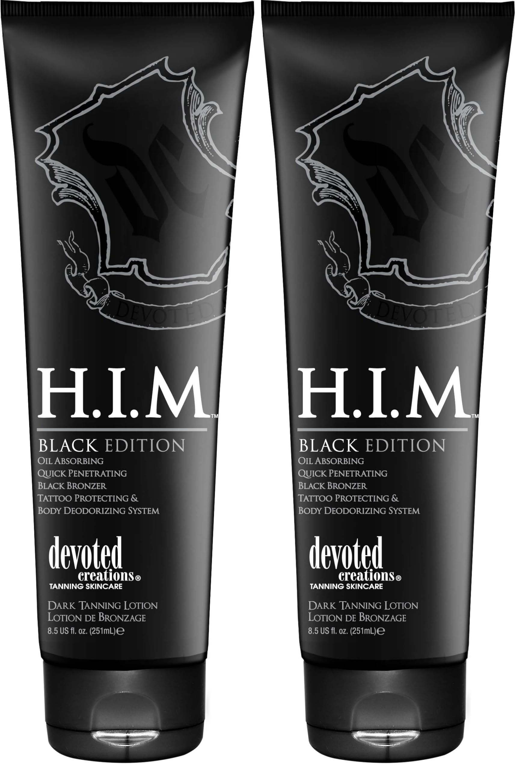 Devoted Creations H.I.M. Black Edition bottle pour showing oil-absorbing, quick-penetrating bronzer for a deep tan
