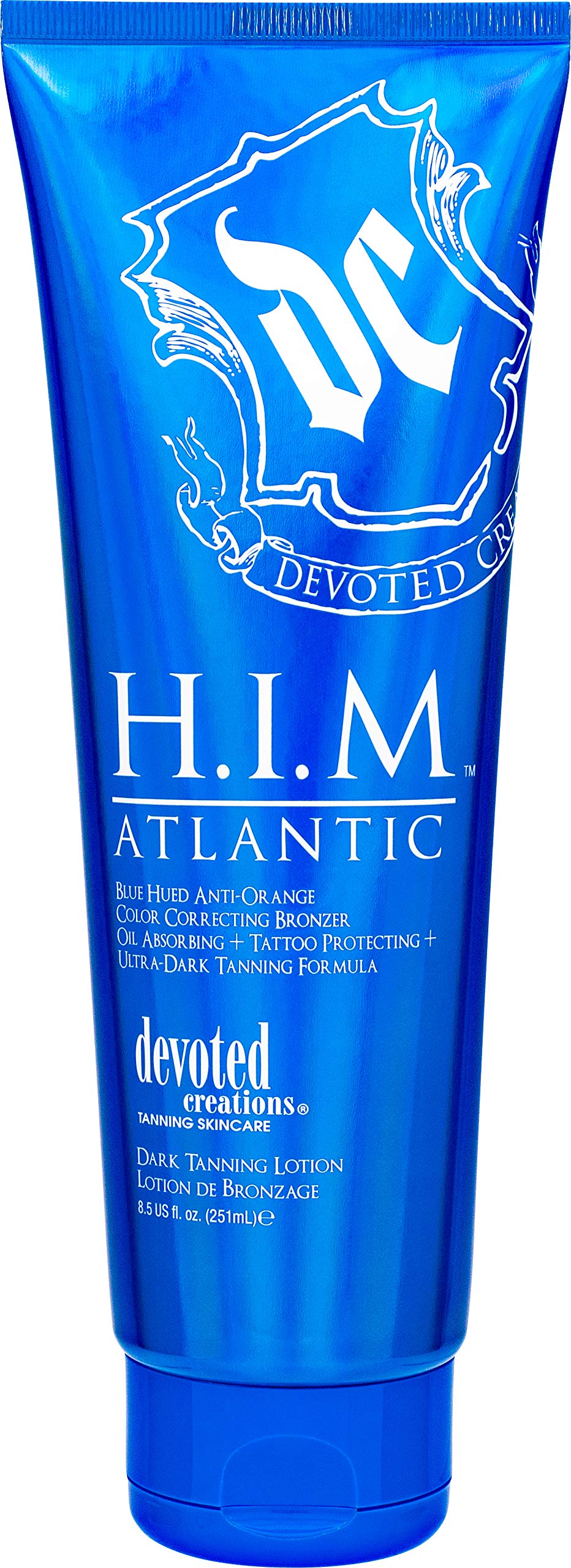 Devoted Creations H.I.M Atlantic blue-bronzer bottle emphasizes deep, natural-looking tan with anti-orange correction.