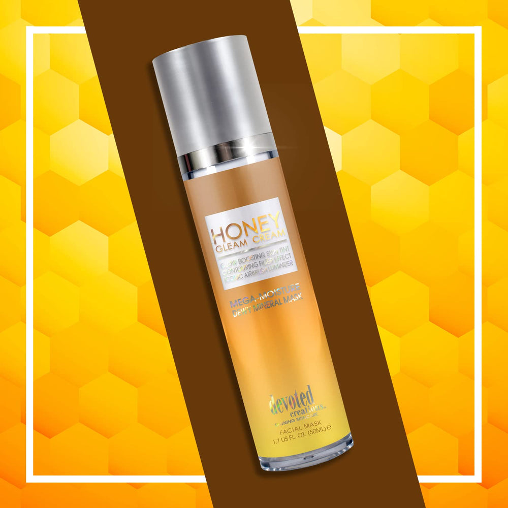 Devoted Creations Honey Gleam Cream mineral mask swirl on skin with antioxidant benefits.