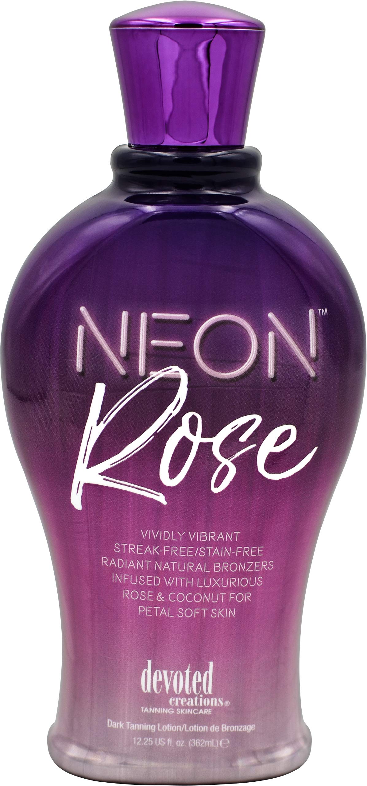 Devoted Creations Neon Rose bottle shows streak-free bronzing with natural bronzers for a radiant glow