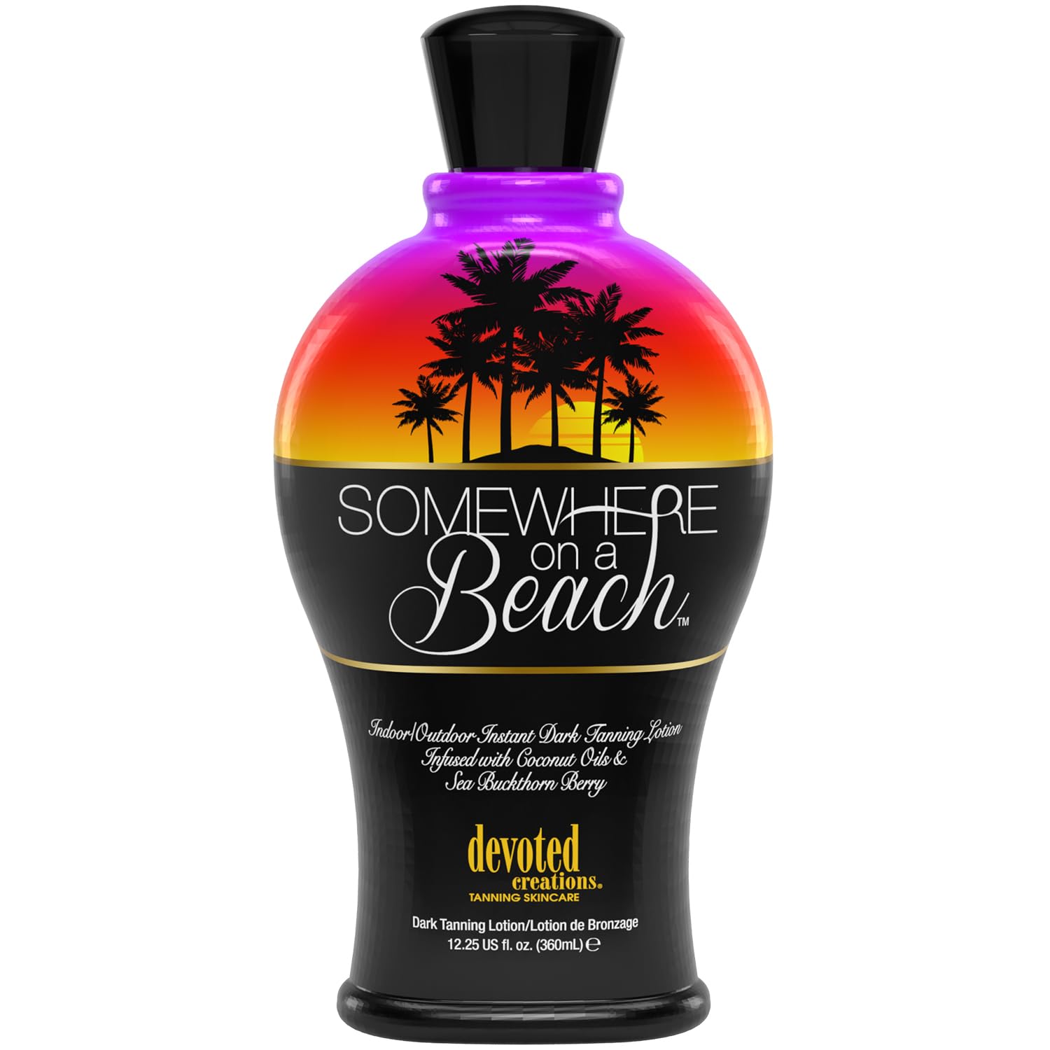 Devoted Creations Somewhere on a Beach bottle front, tanning lotion for smoother sun sessions.