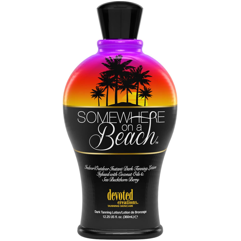 Devoted Creations Somewhere on a Beach bottle front, tanning lotion for smoother sun sessions.