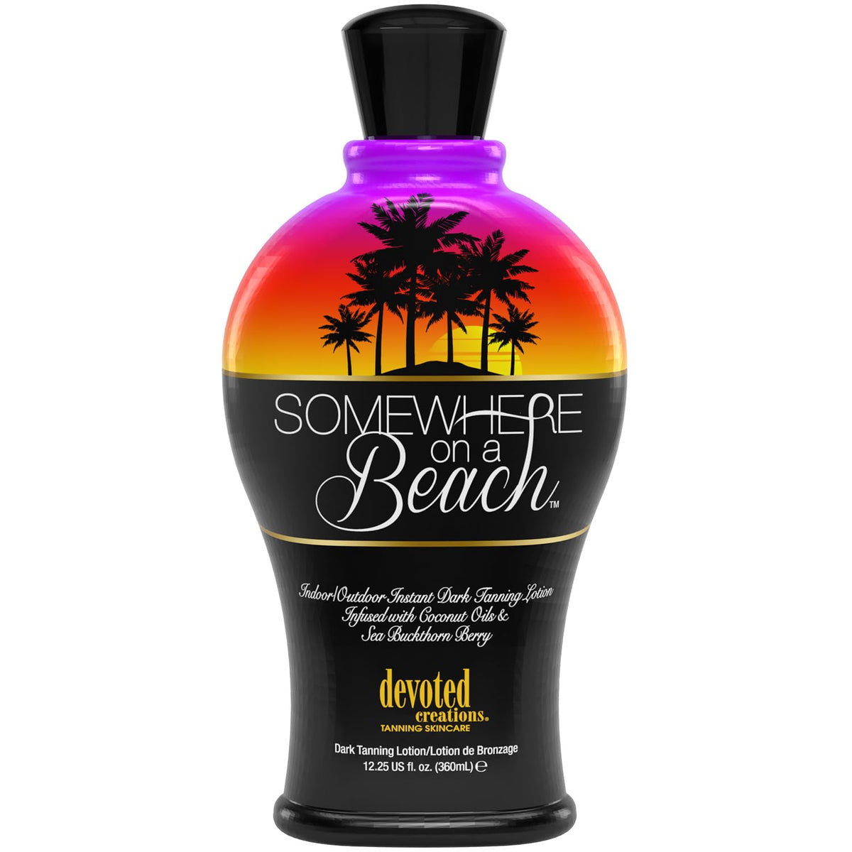 Devoted Creations Somewhere on a Beach bottle front, tanning lotion for smoother sun sessions.