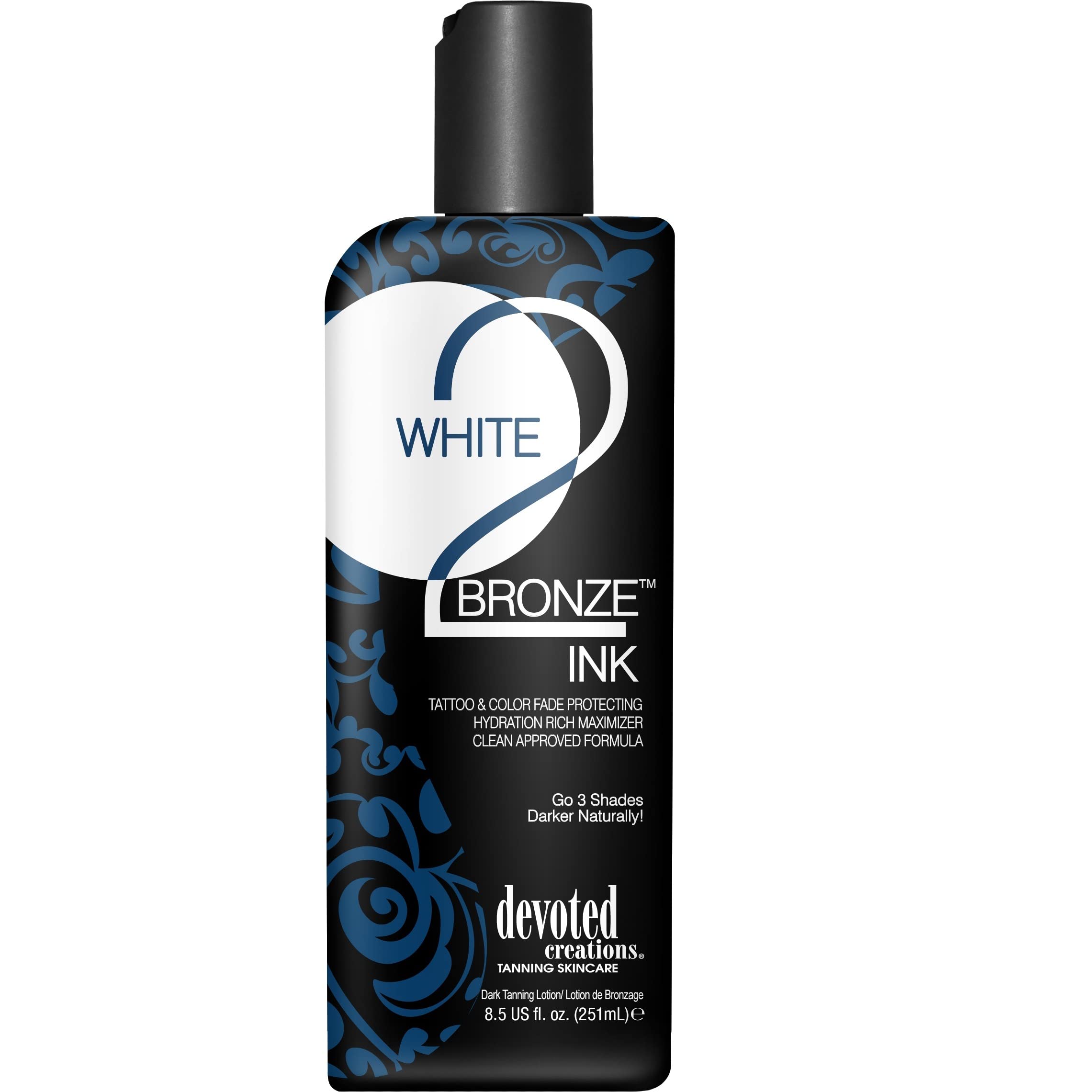 Devoted Creations White 2 Bronze tanning lotion bottle for smoother skin and enhanced color