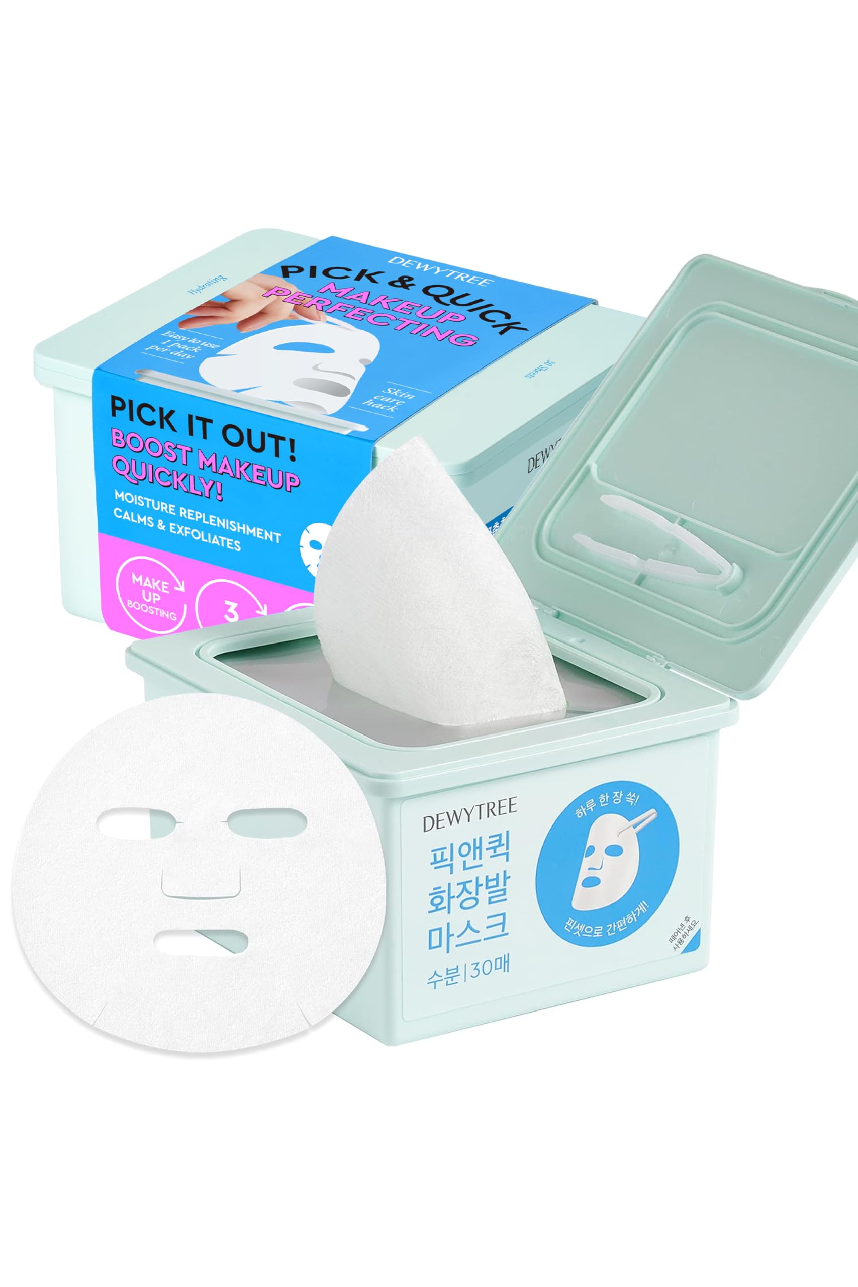 Masque Dewytree aqua rafraîchissant, boîte dispenser 30 feuilles, hydratation rapide.