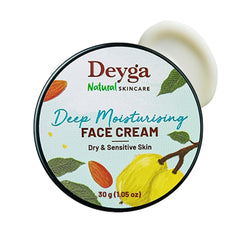 Deyga Deep Moisturising Face Cream bottle highlights hydration for dry skin.