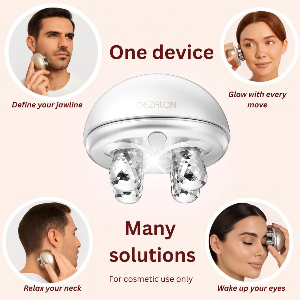 DEZALON silver face roller highlighting smoothing and contouring benefits.