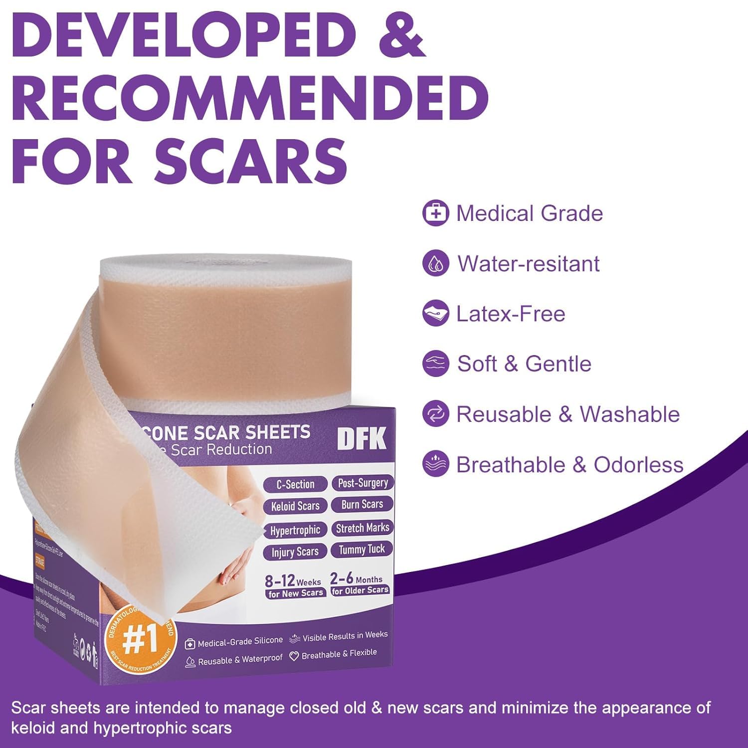 DFK reusable silicone scar sheet cover is washable and skin-friendly