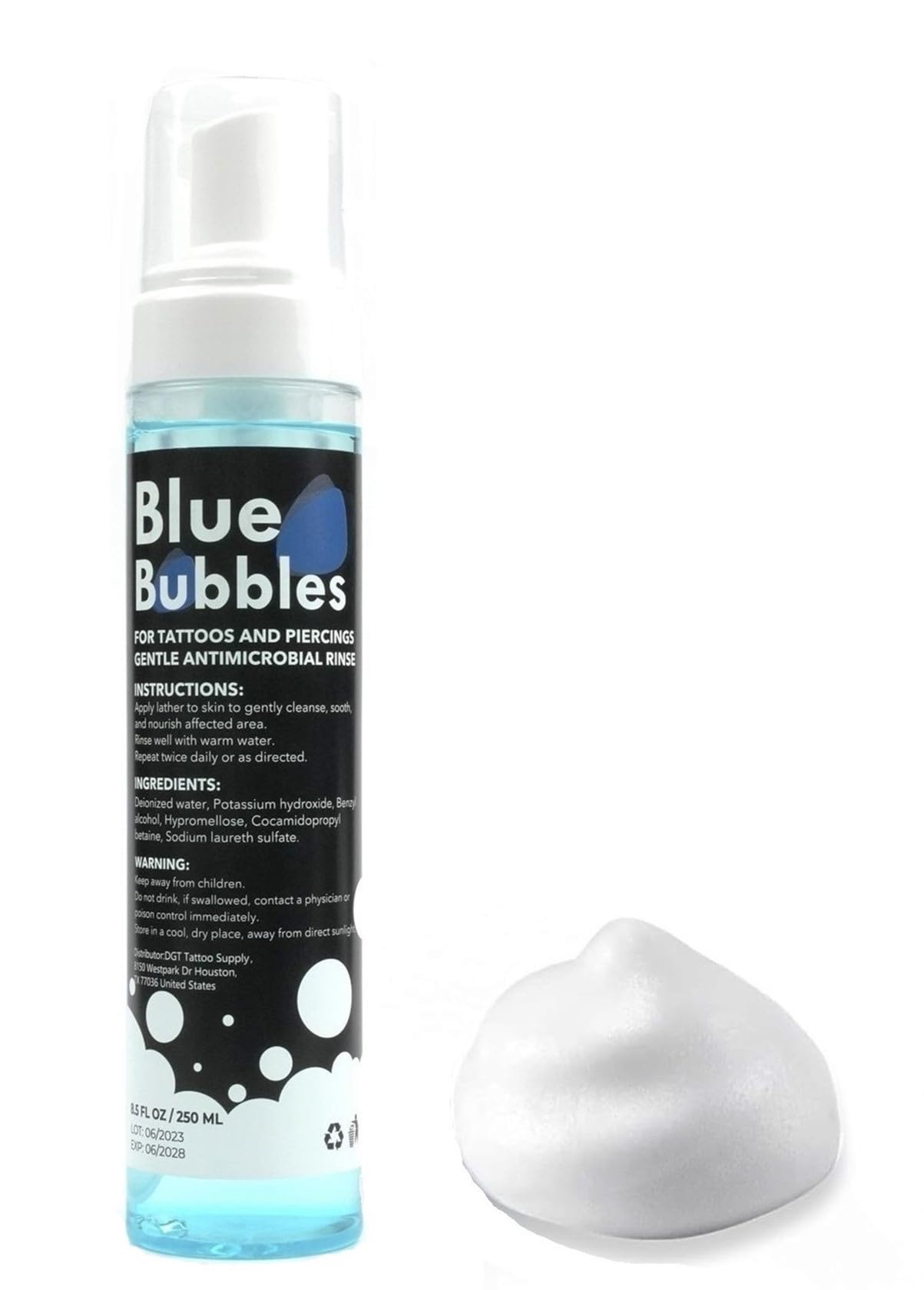 DGT Blue Bubbles foaming soap bottle ready for gentle vegan cleansing after tattooing