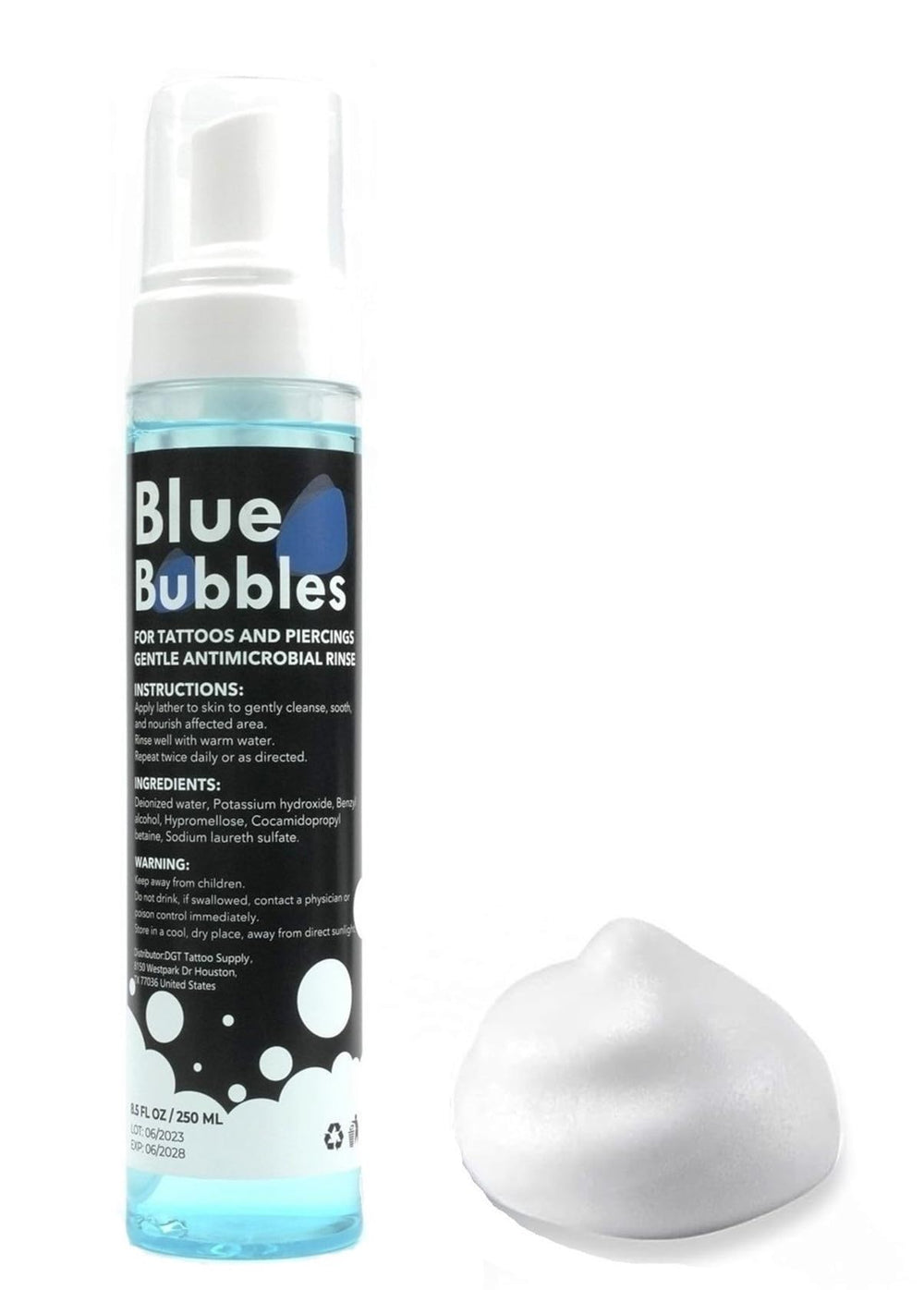 DGT Blue Bubbles foaming soap bottle ready for gentle vegan cleansing after tattooing