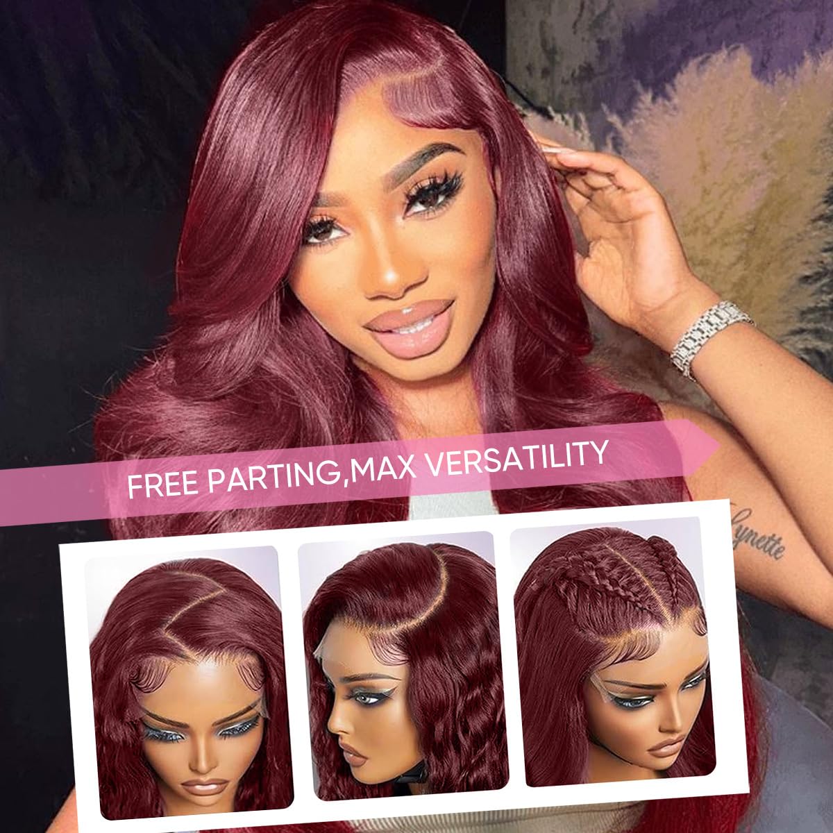 DGVATF burgundy wig body-wave texture close-up highlighting soft feel and fullness.