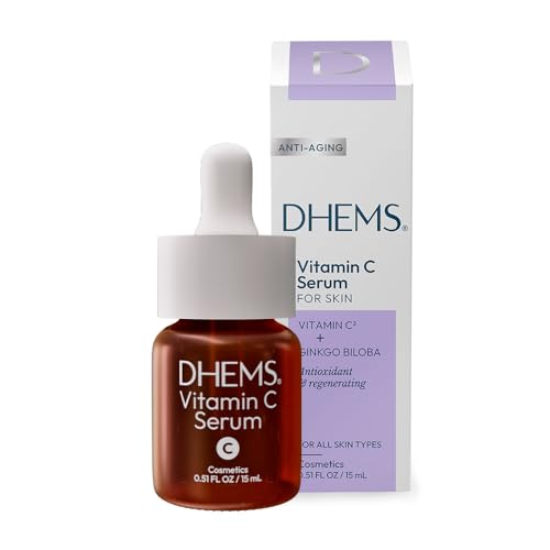 DHEMS Vitamin C Serum bottle closeup highlights a lightweight, non-greasy formula for daily use.