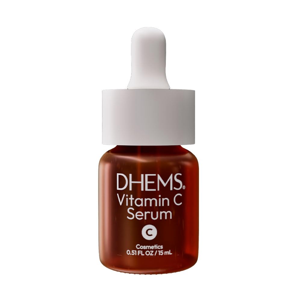 DHEMS Vitamin C Serum bottle pour demonstrates quick absorption for a refreshed, radiant complexion.