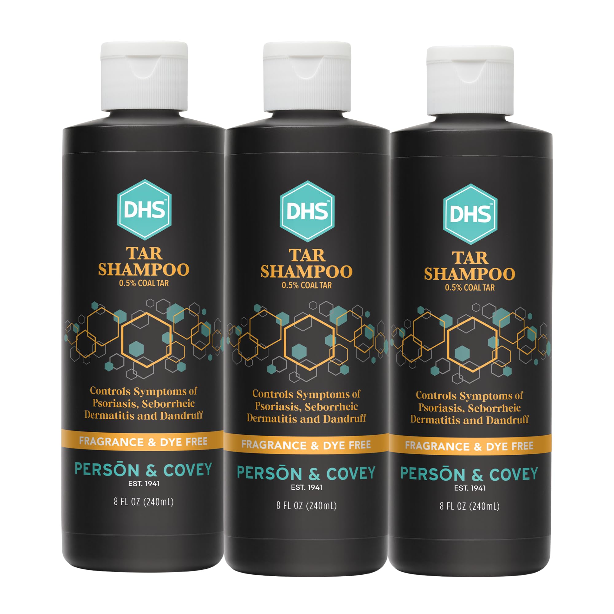 DHS Coal Tar Shampoo bottle shows unscented formula for sensitive scalps.