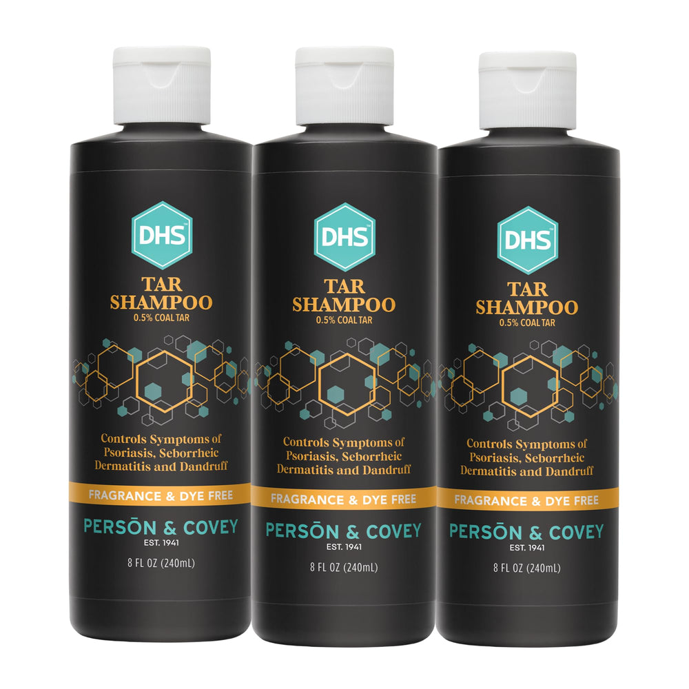 DHS Coal Tar Shampoo bottle shows unscented formula for sensitive scalps.