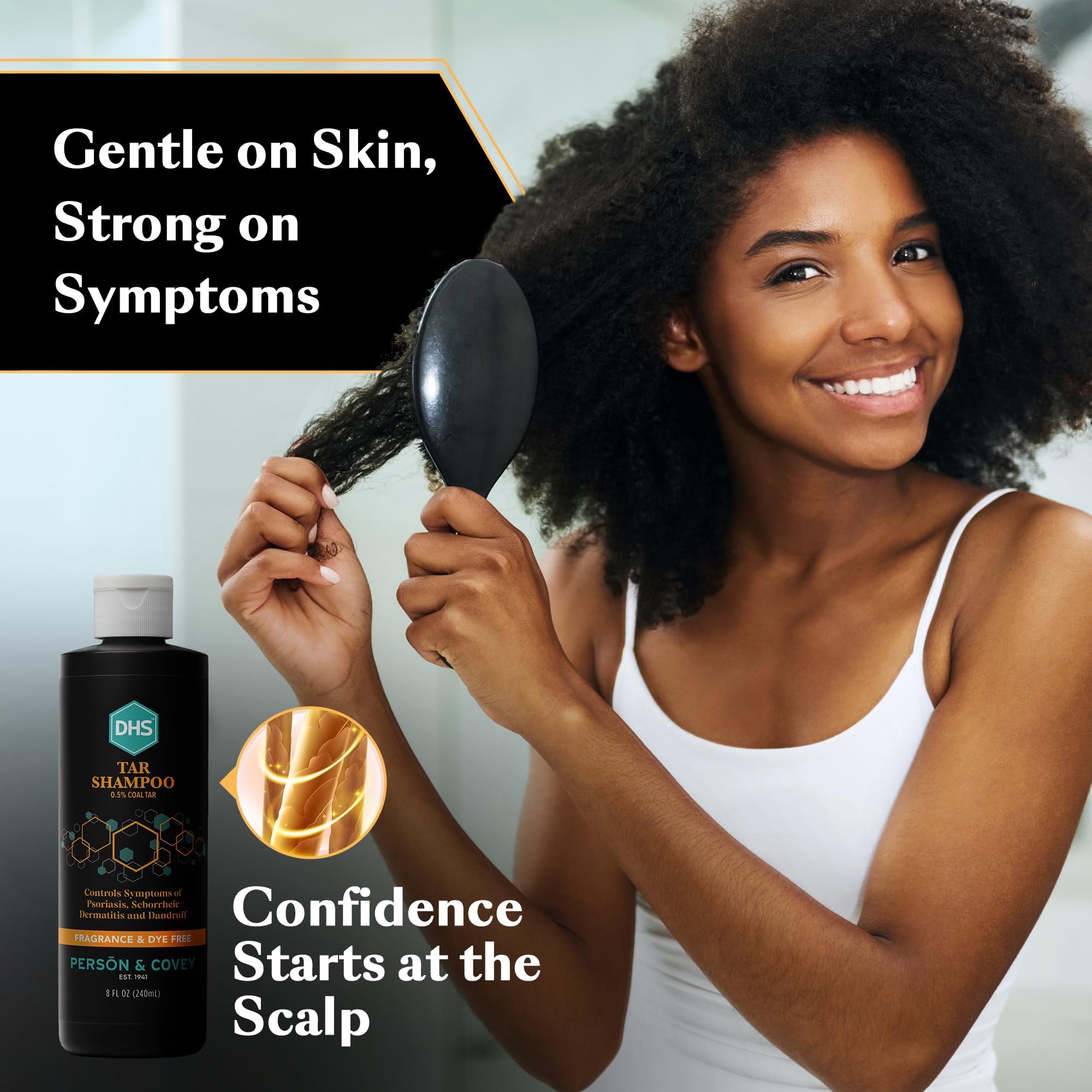 DHS Coal Tar Shampoo hands applying product for scalp treatment.
